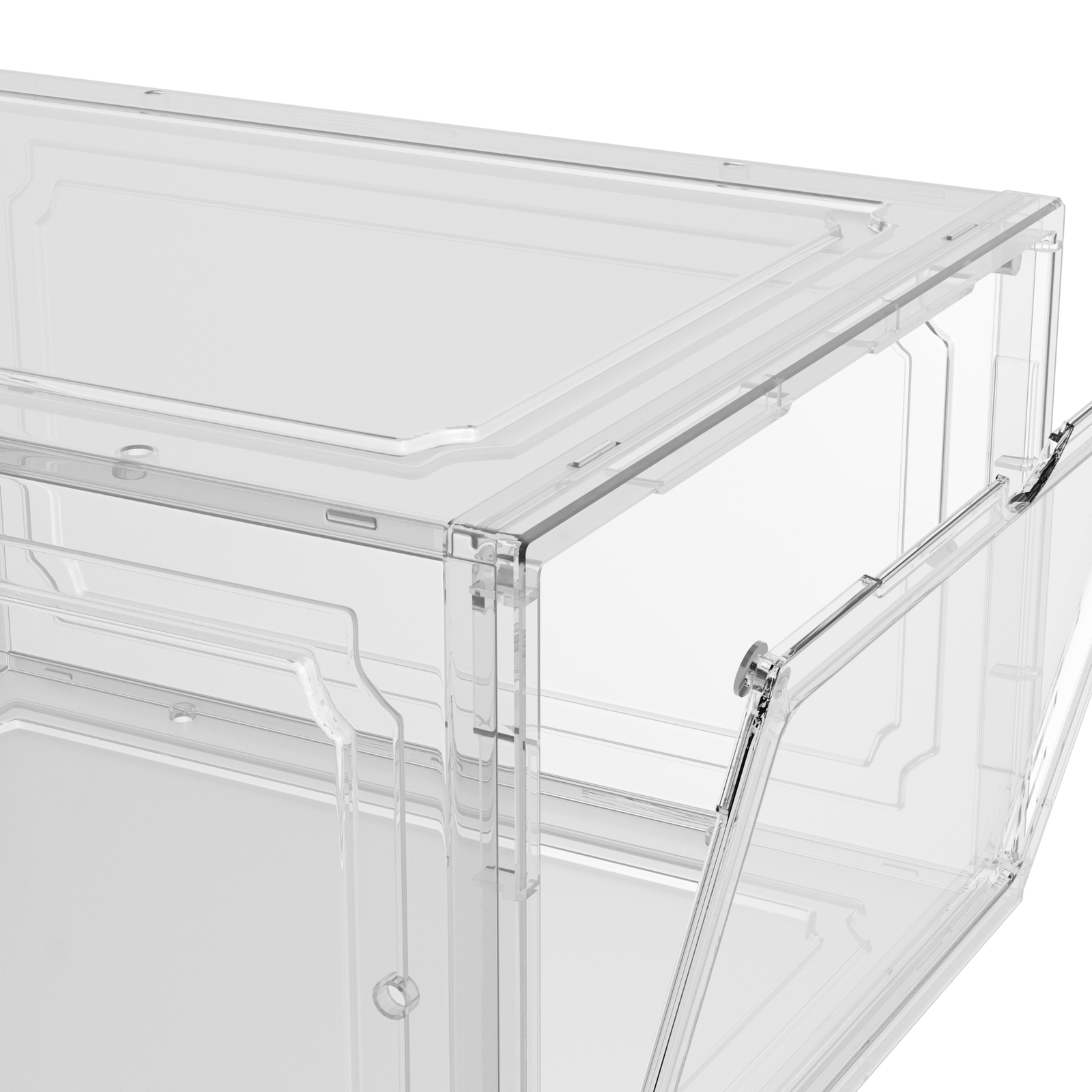 Transparent shoe box with secure front-opening door