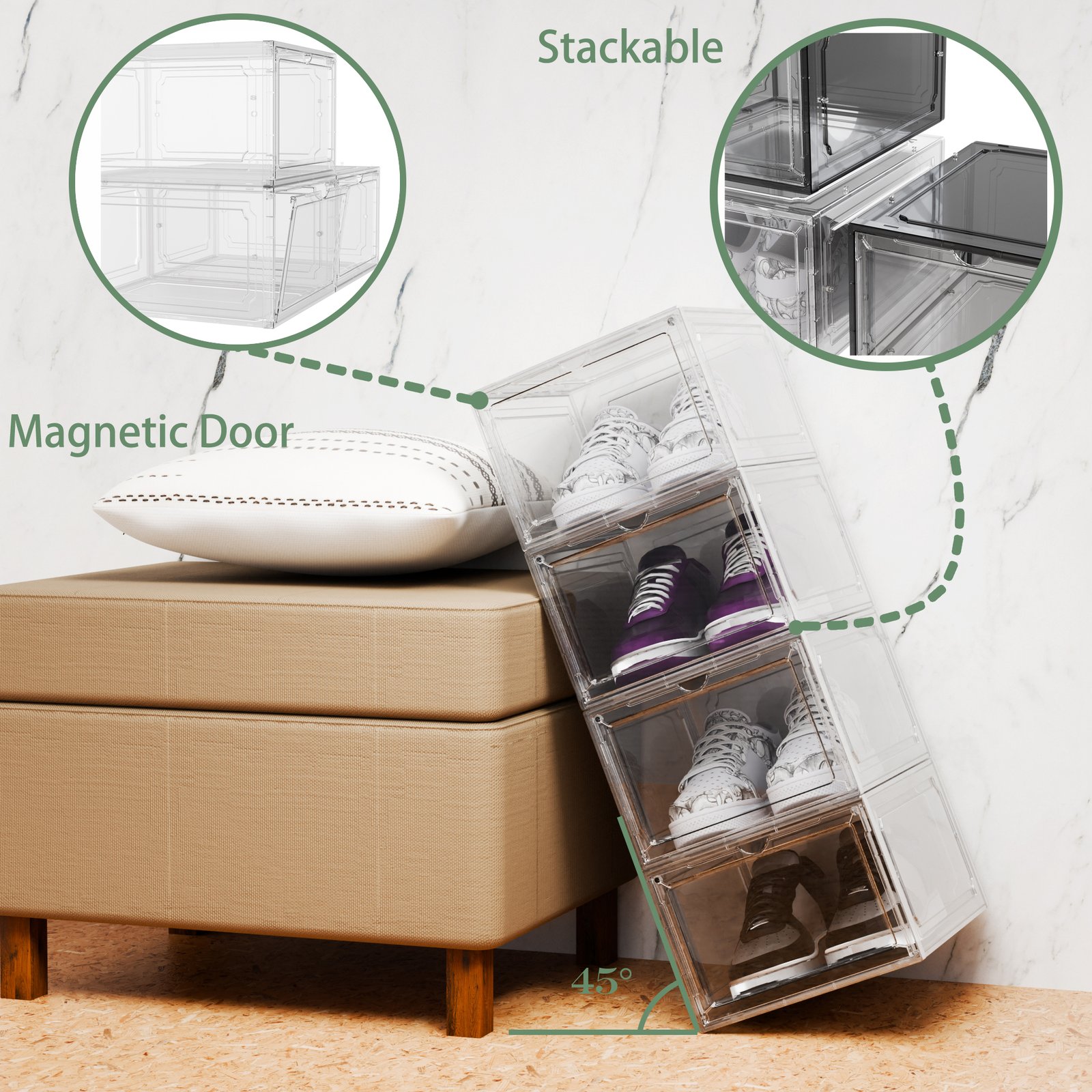 Stackable transparent shoe boxes with aligned bases