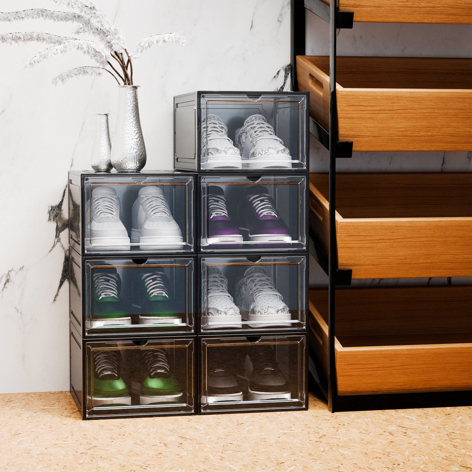 Dark-tinted shoe boxes with sneakers